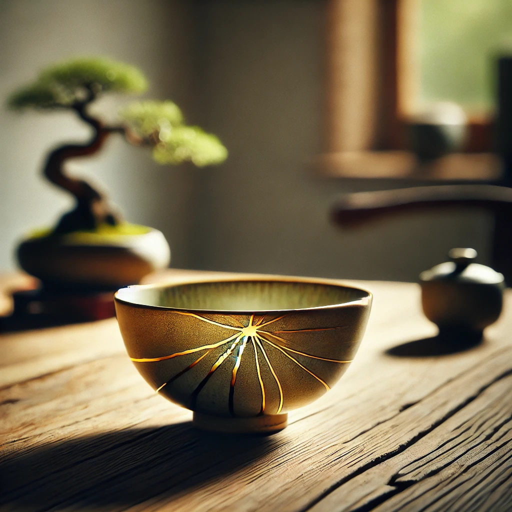 A serene and artistic depiction of a kintsugi bowl, beautifully repaired with gold lacquer. The bowl is set on a wooden table with soft, natural light.